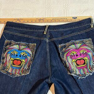 RMC Red Monkey Co. Jeans Sz 40? distress embroidery colorful dragon